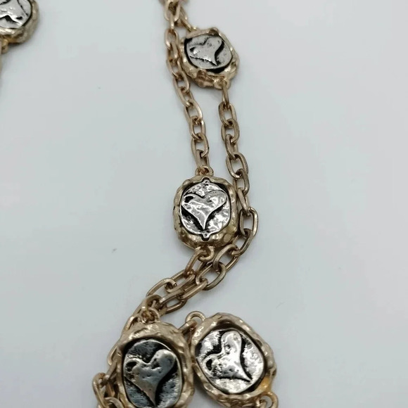 Gold Tone Fashion Necklace Circle Pendant Silver Heart Embossed Multifunctional - Picture 4 of 5